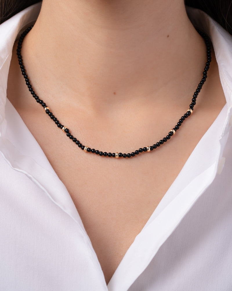 14K Gold Black Onyx Segment Bead Necklace