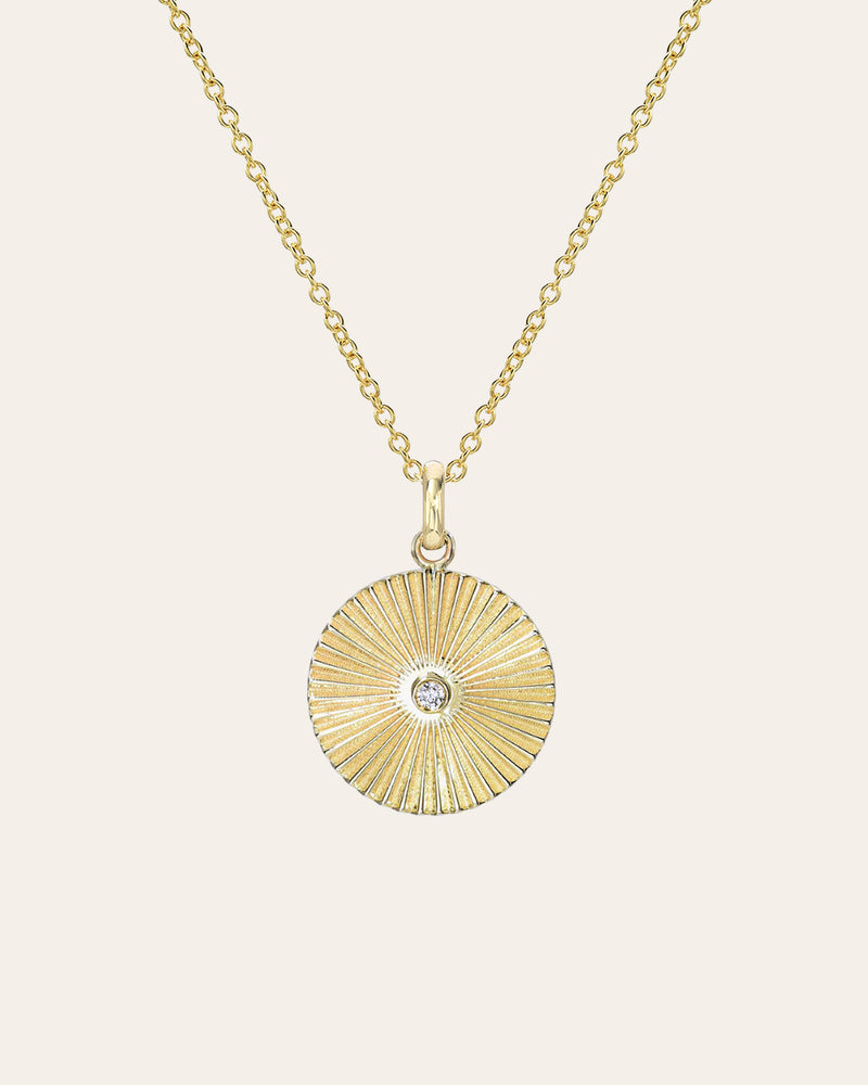 14K Gold Pleated Disc with Diamond Necklace