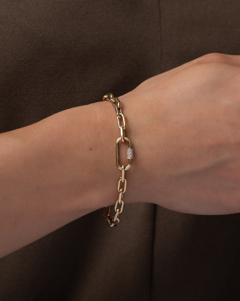 14k Gold Large Open Link Chain with Diamond Carabiner Bracelet