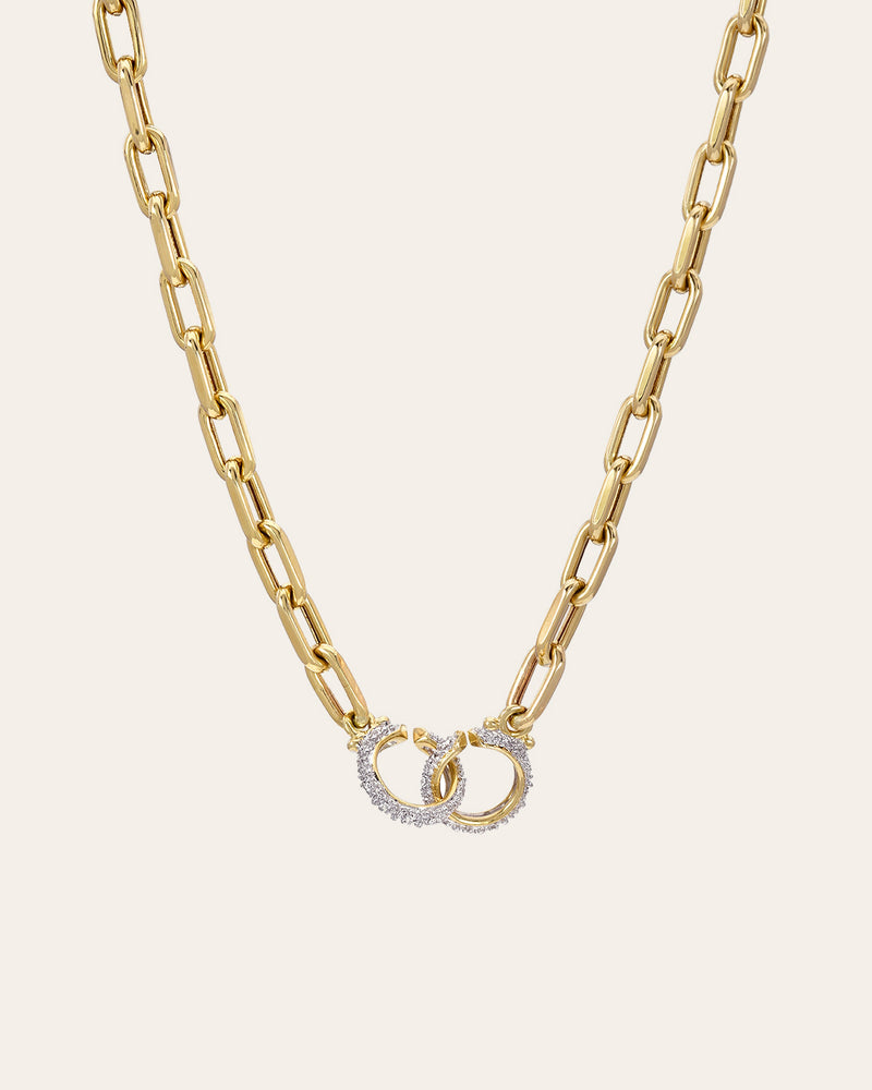 14k Gold Large Open Link Chain with Diamond Handcuffs Necklace