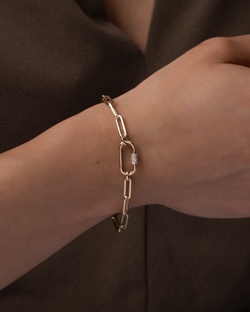 14k Gold Large Paper Clip Chain with Diamond Carabiner Bracelet