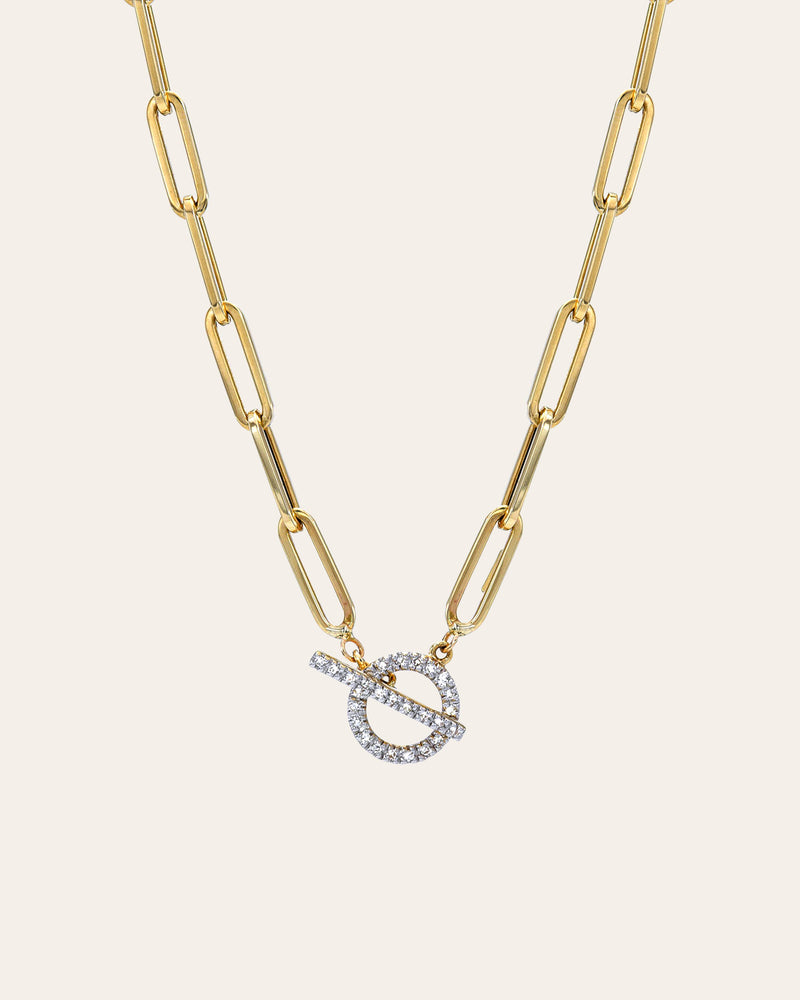 14k Gold Large Paper Clip Chain with Diamond Toggle Necklace