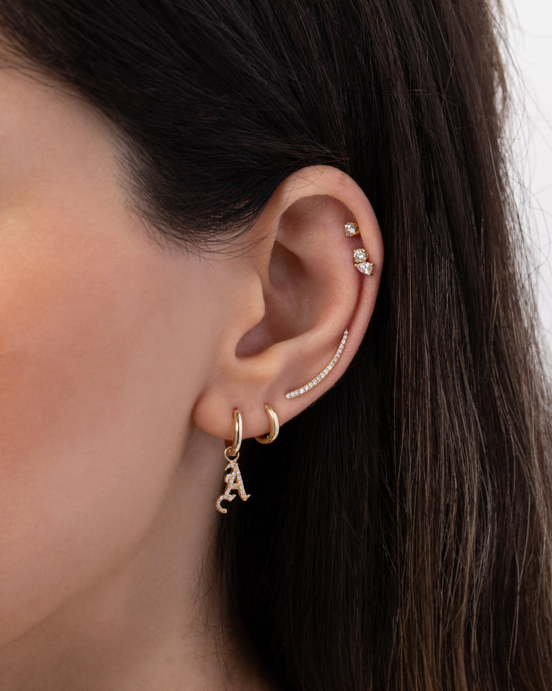 14k Gold Mini Huggie Earring with Diamond Gothic Initial Charm