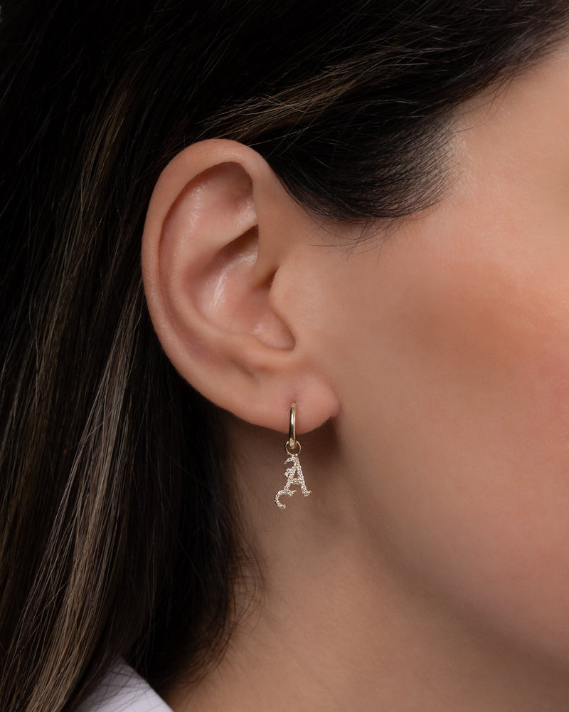 14k Gold Mini Huggie Earring with Diamond Gothic Initial Charm