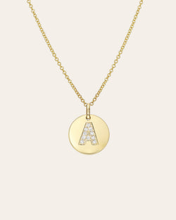 14k Gold Diamond Initial Small Disc Necklace