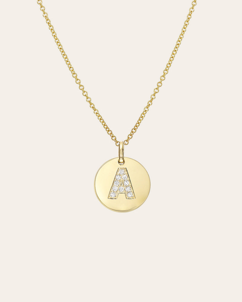 14k Gold Diamond Initial Small Disc Necklace