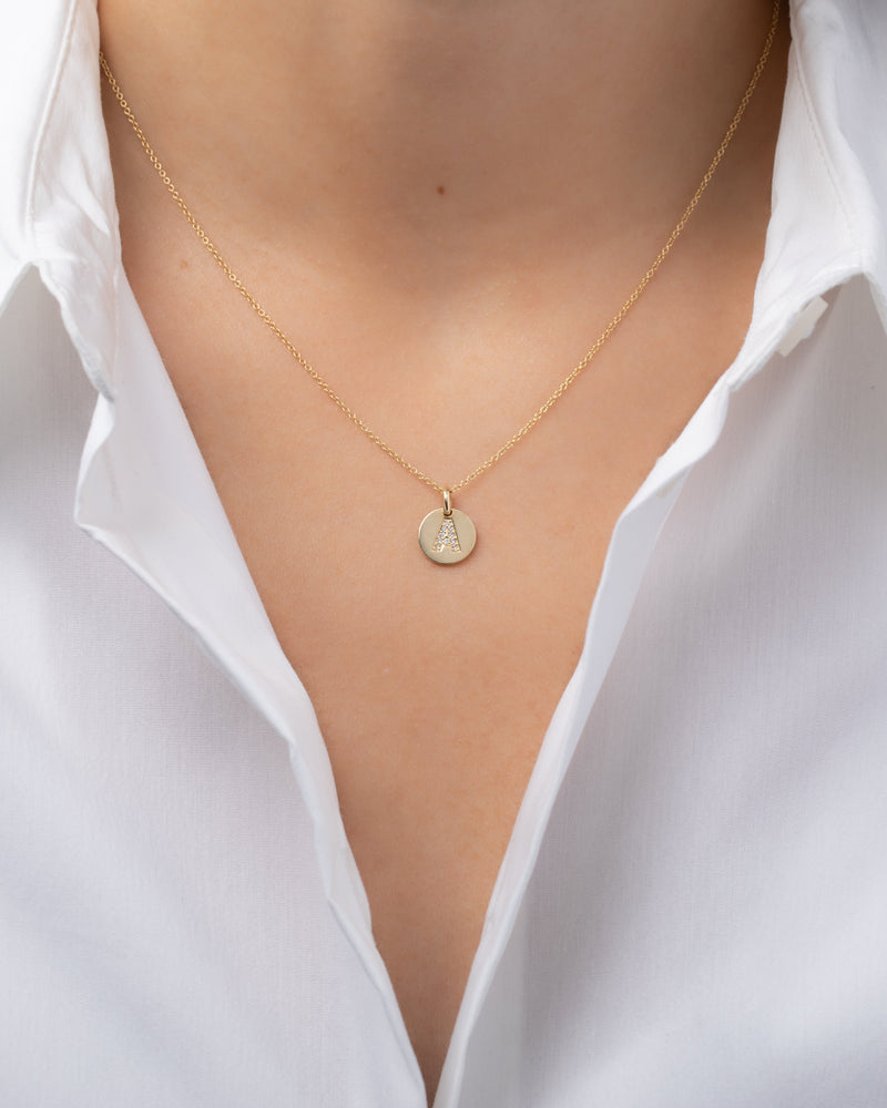14k Gold Diamond Initial Small Disc Necklace