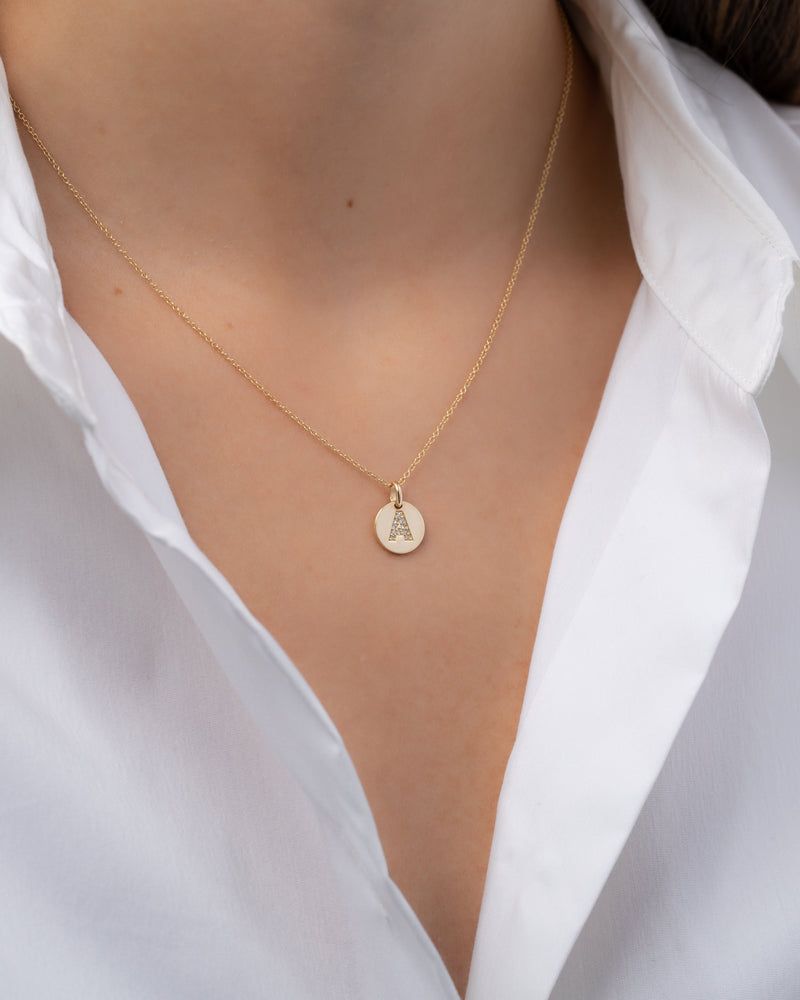 14k Gold Diamond Initial Small Disc Necklace