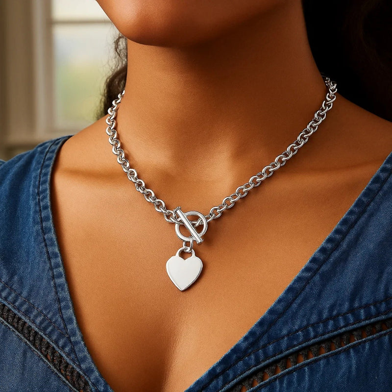 Sterling Silver Rhodium Plated Rolo Chain Necklace with a Heart Toggle Charm