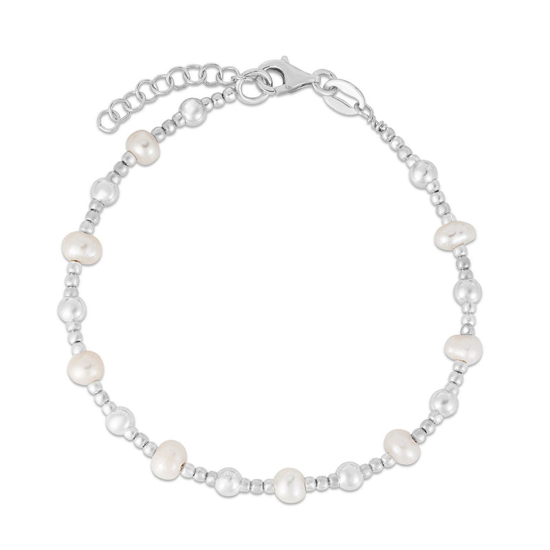 Sterling Silver Rhodium Plated Pearl Bead Bracelet