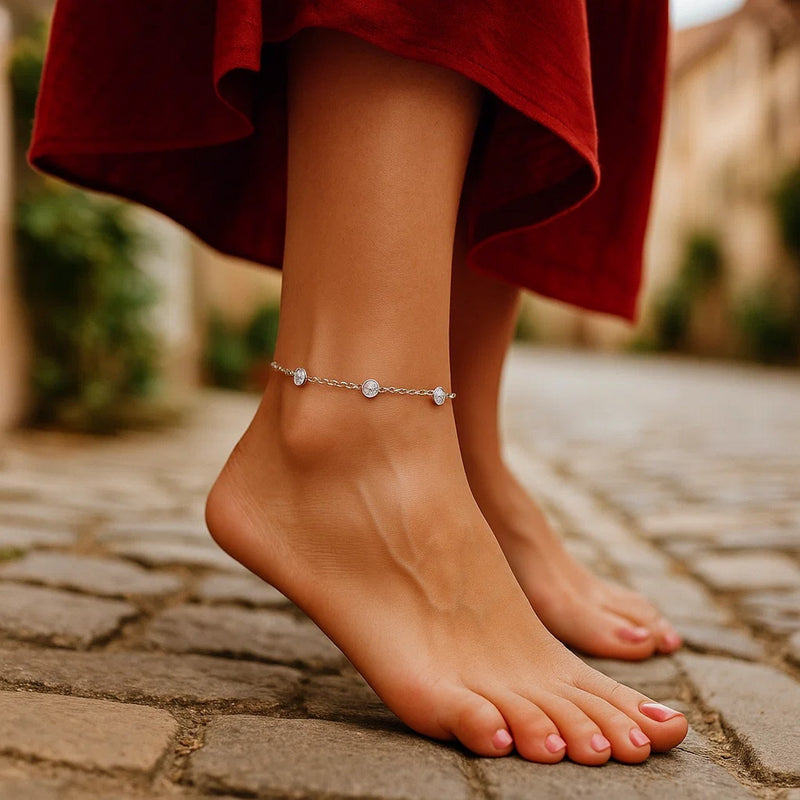14k White Gold Anklet with Round White Cubic Zirconia