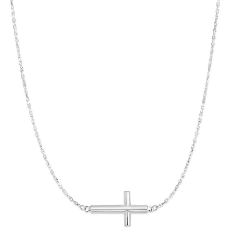 14K White Gold Diamond Cut Sideways Cross Necklace