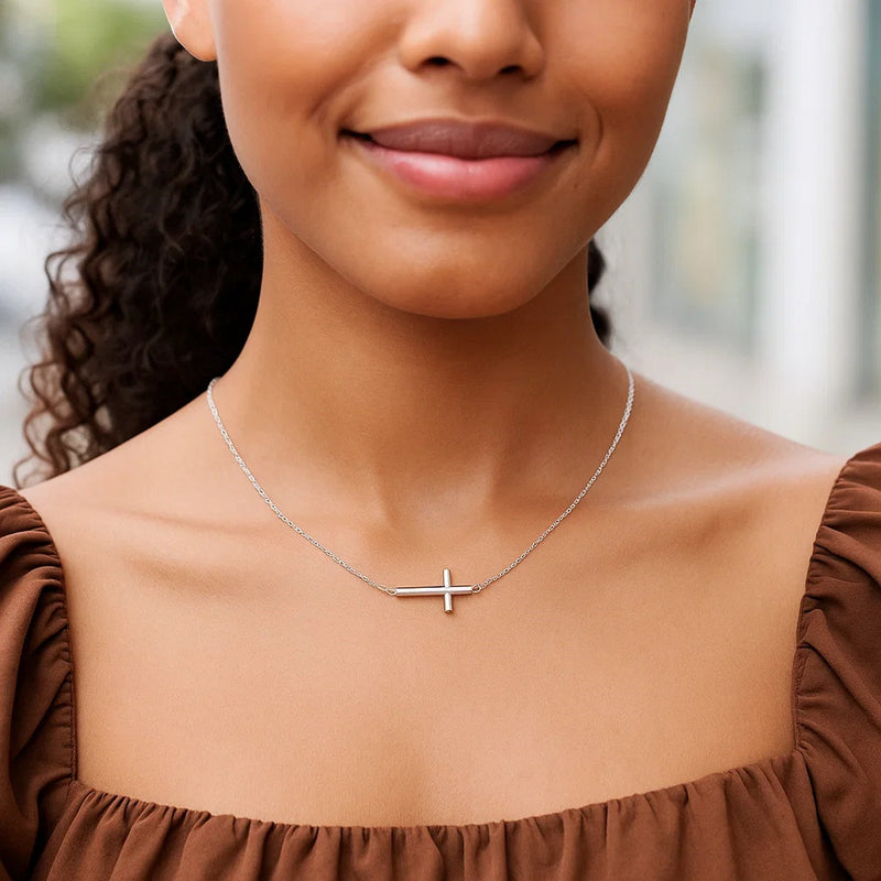 14K White Gold Diamond Cut Sideways Cross Necklace