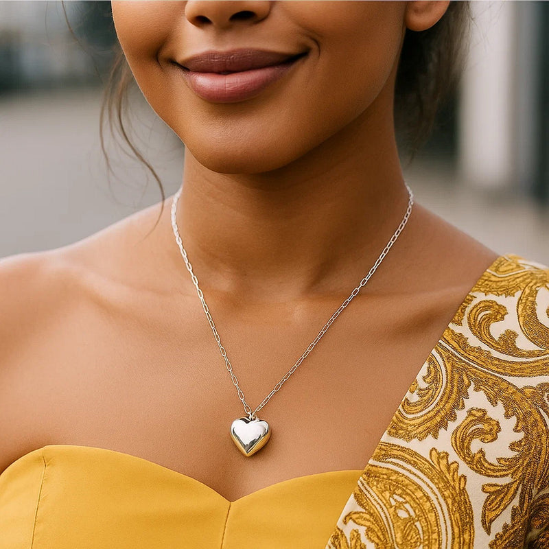 Sterling Silver Rhodium Plated Large Puffed Heart Long Necklace