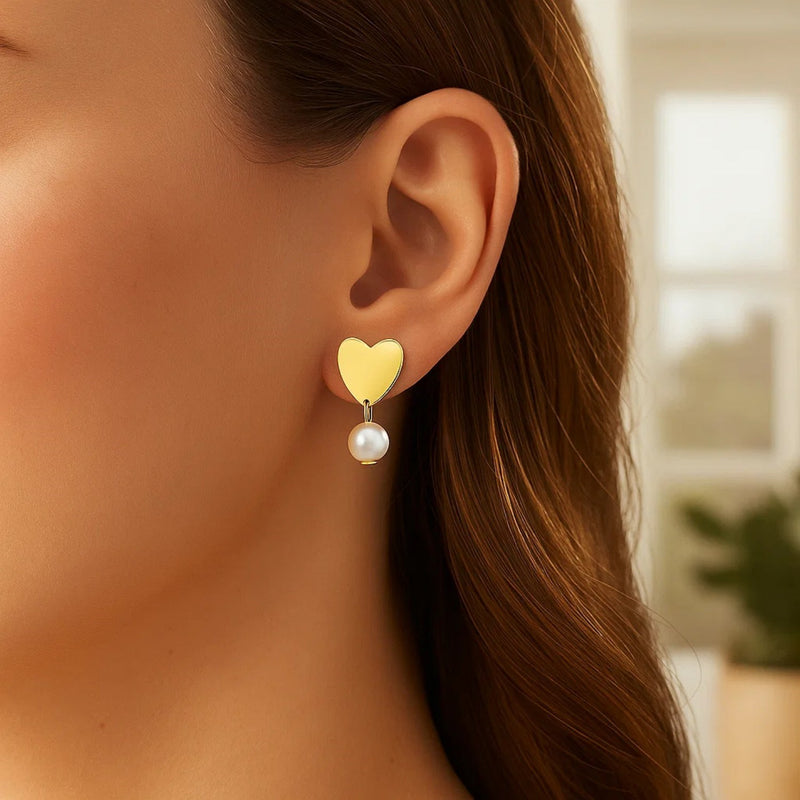 Heart and Pearl Drop Stud Earrings in 14K Yellow Gold