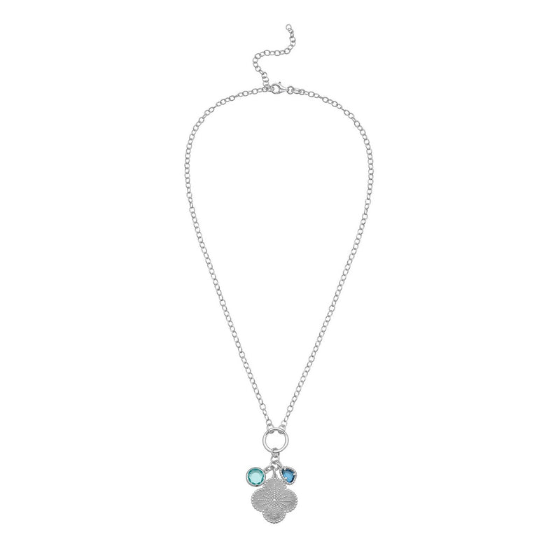 Sterling Silver Rhodium Plated Flower Cubic Zirconia Charm Necklace