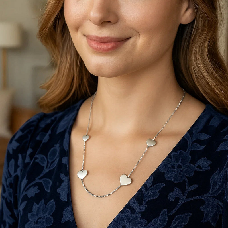 Sterling Silver Rhodium Plated Hearts Station Necklace