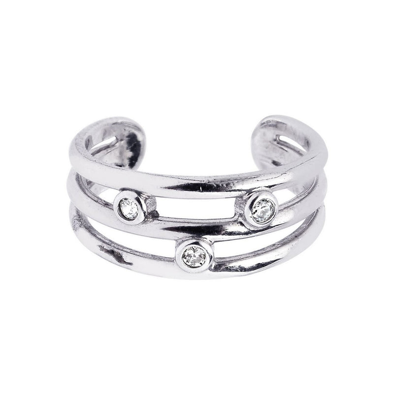 Sterling Silver Rhodium Plated Triple Line Open Motif Cubic Zirconia Toe Ring