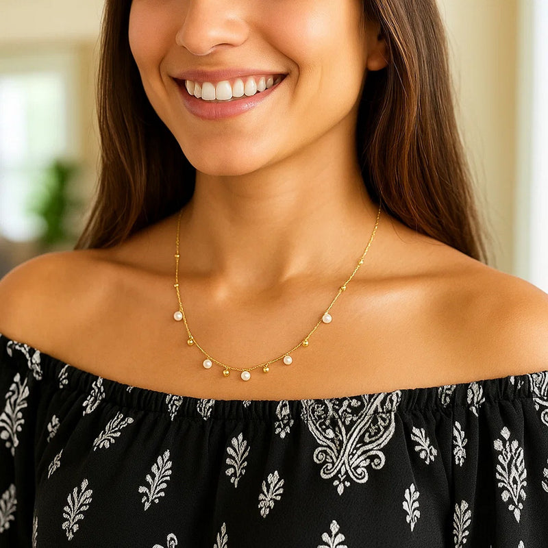 14K Yellow Gold Pearl and Scattered Bead Necklace