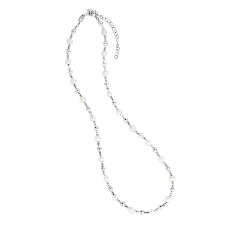 Sterling Silver Rhodium Plated Freshwater Pearl Bead Necklace