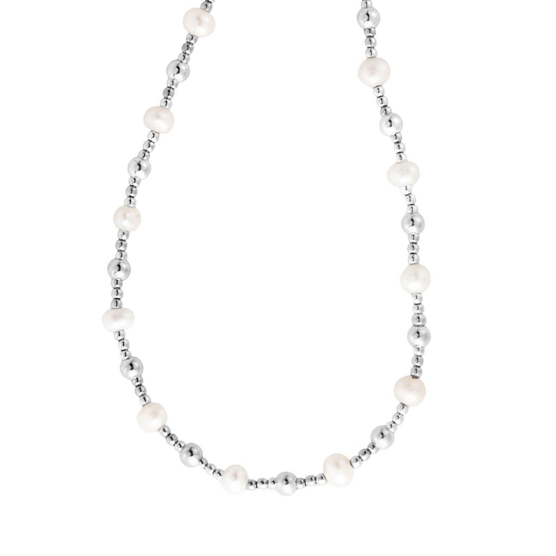 Sterling Silver Rhodium Plated Freshwater Pearl Bead Necklace