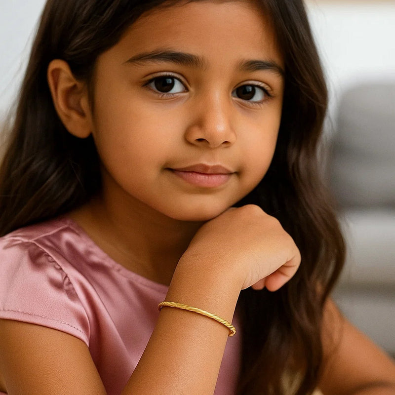 14k Yellow Gold Childrens Bangle with Spiral Motif Style (3.50 mm)
