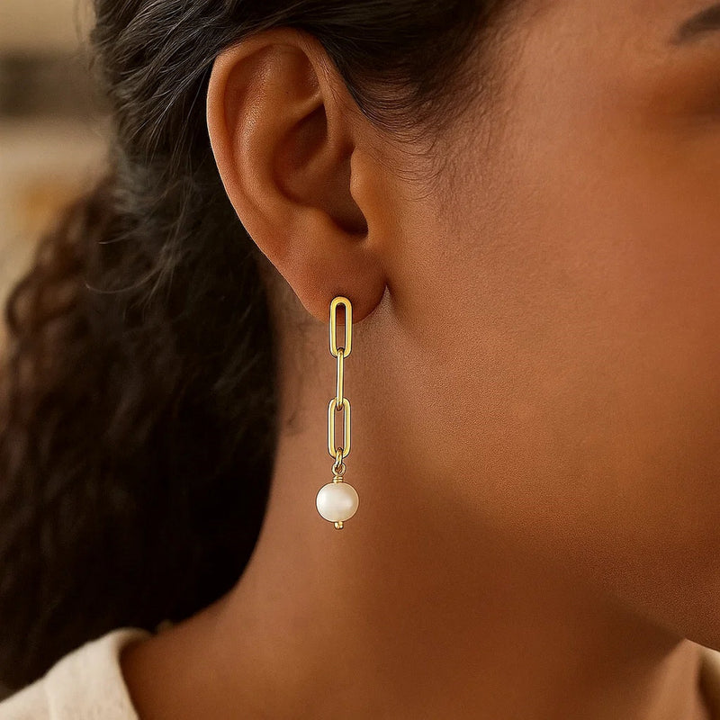 14k Yellow Gold Paperclip Chain Link Earrings with Pearls