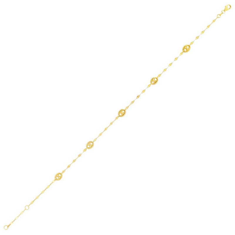 14K Yellow Gold Mirror Chain and Puffed Mariner Station Anklet