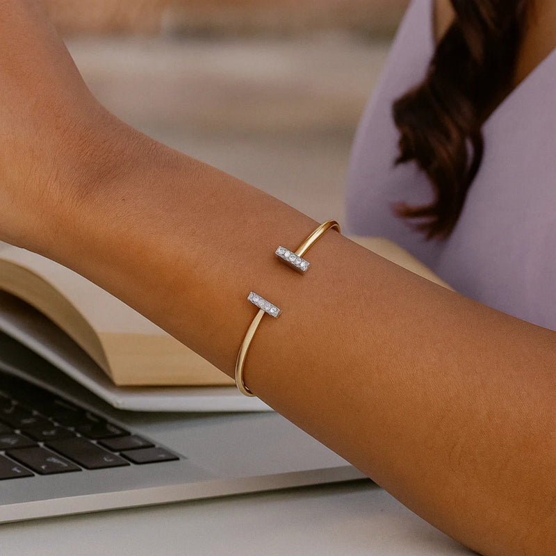 14k Two Tone Gold Diamond Tee Bar Bangle (2.00 mm)