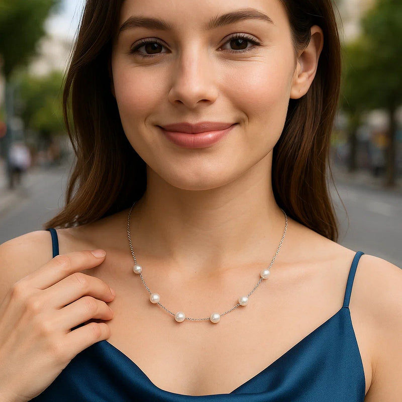 14k White Gold Necklace with White Pearls
