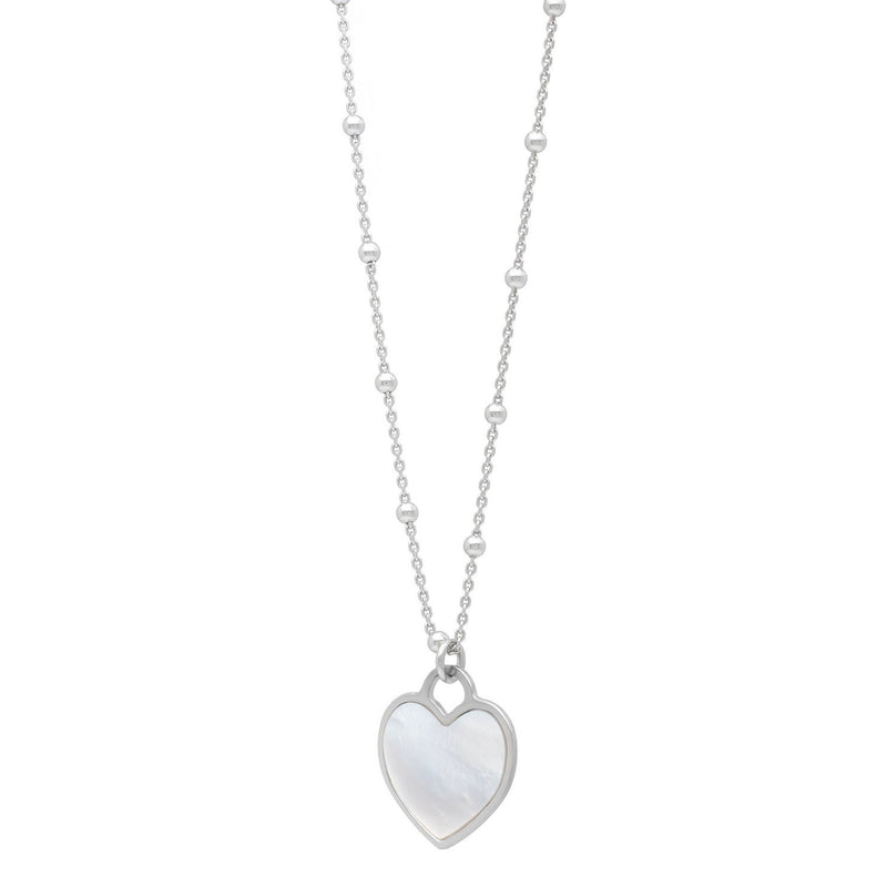 Sterling Silver Rhodium Plated and Mother of Pearl Heart Pendant Necklace