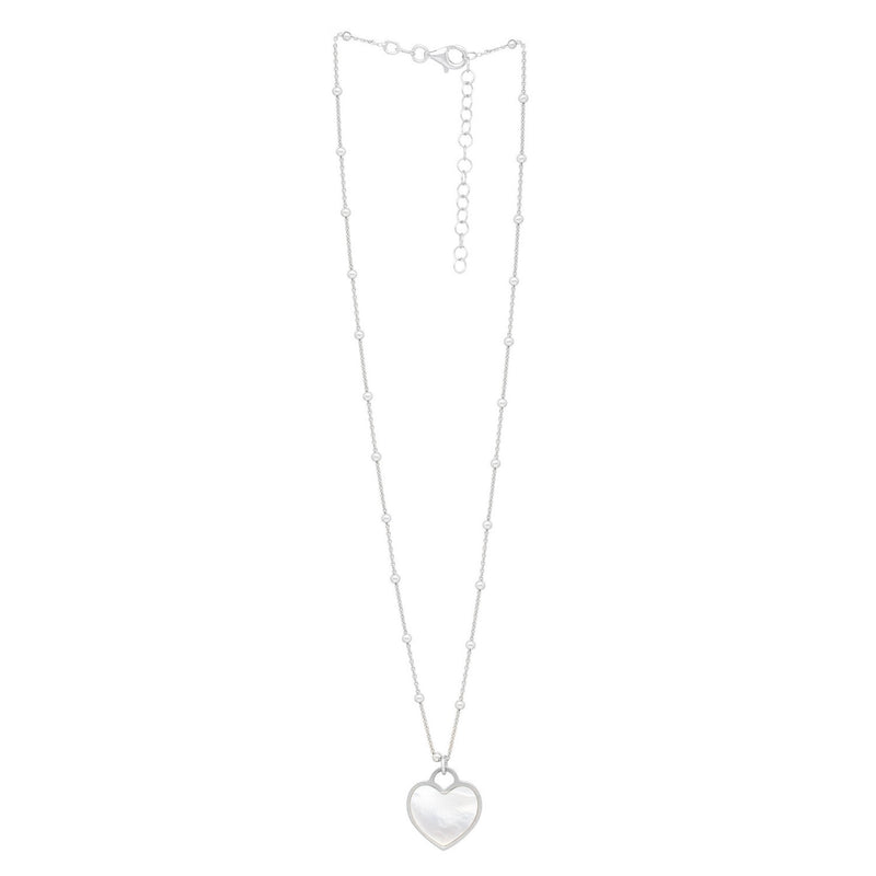 Sterling Silver Rhodium Plated and Mother of Pearl Heart Pendant Necklace