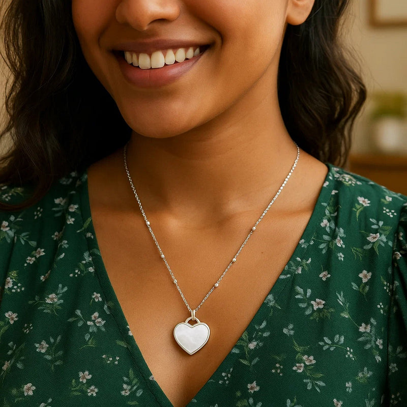 Sterling Silver Rhodium Plated and Mother of Pearl Heart Pendant Necklace