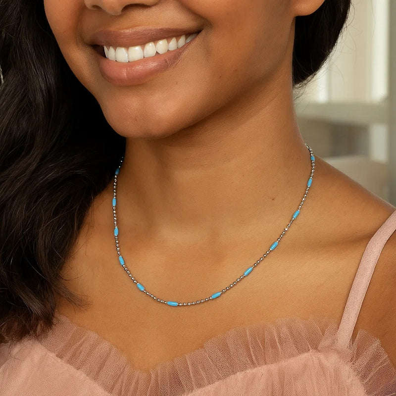 Sterling Silver Rhodium Plated Blue Enamel Beaded Necklace