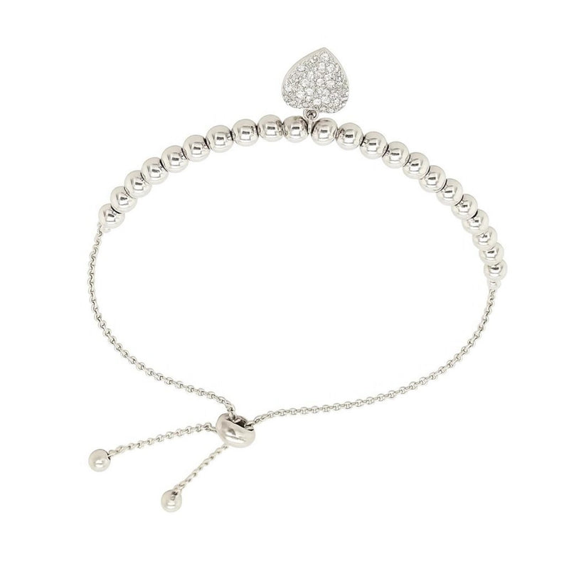 Adjustable Bead Bracelet with Round Charm and Cubic Zirconias in Sterling Silver