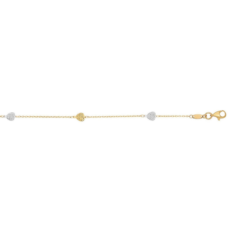 14k Two-Toned Yellow and White Gold Anklet with Textured Hearts