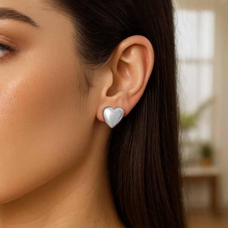 Sterling Silver Rhodium Plated Puffed Large Heart Stud Earrings
