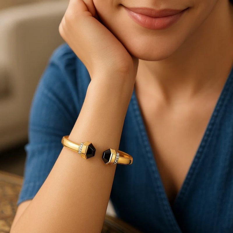 14K Yellow Gold Black Pyramid Art Deco Open Cuff Bangle (6.00 mm)