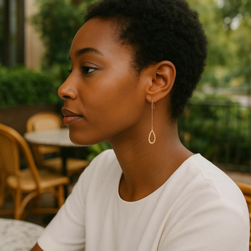 Textured Pear Shaped Long Drop Earrings in 14k Rose Gold