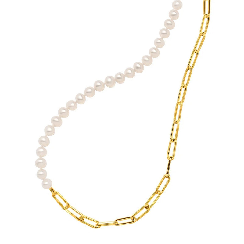 5mm Pearl and Lite Paperclip Necklace in 14K Yellow Gold