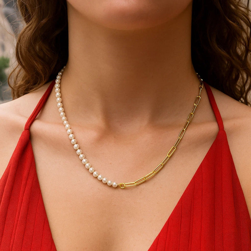 5mm Pearl and Lite Paperclip Necklace in 14K Yellow Gold