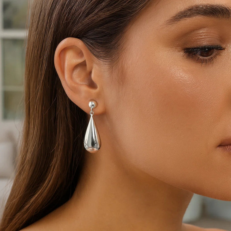 Sterling Silver Rhodium Plated Puffed Teardrop Dangle Earrings