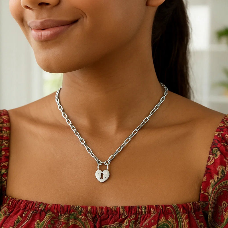 Sterling Silver Rhodium Plated Pad Lock Necklace