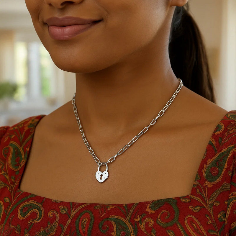 Sterling Silver Rhodium Plated Pad Lock Necklace