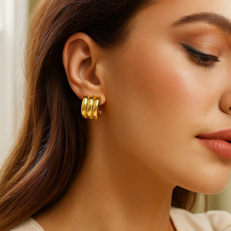 Sterling Silver Yellow Gold Plated Triple Row C Hoop Earrings