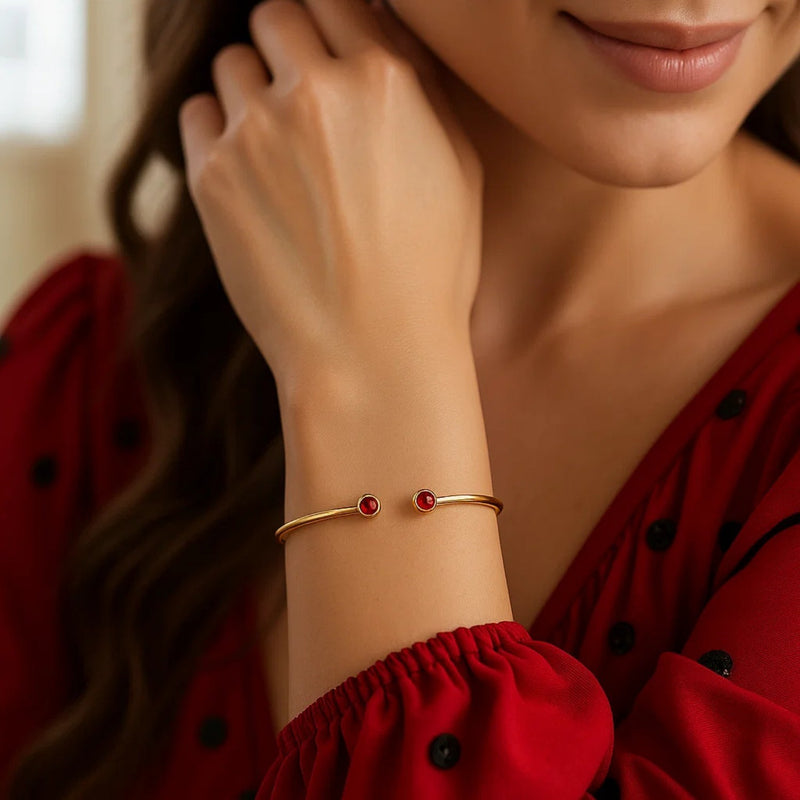 14K Yellow Gold Garnet Open Cuff Bangle (2.00 mm)