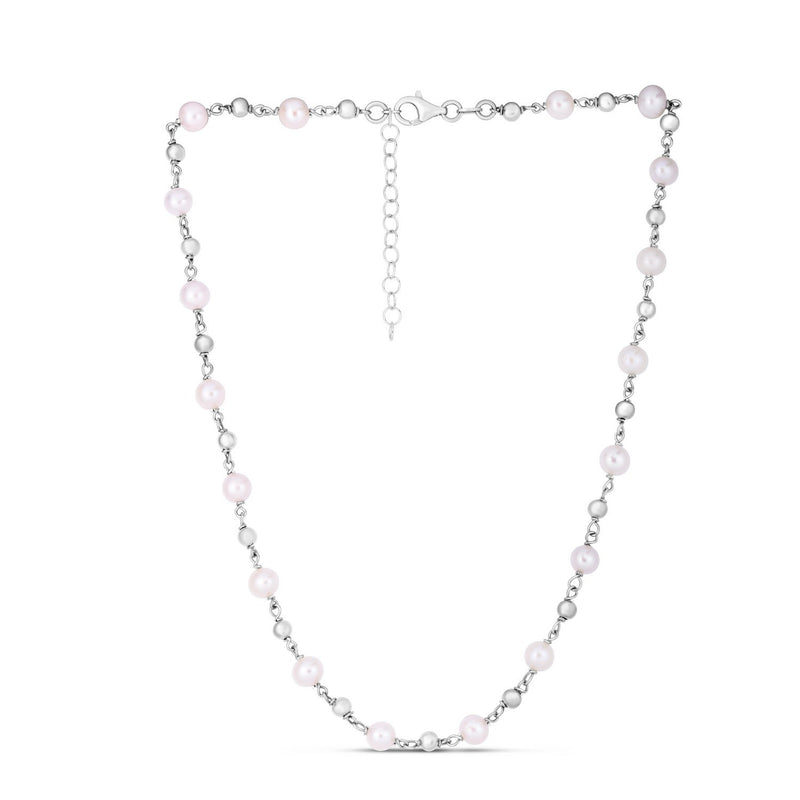 Sterling Silver Rhodium Plated Freshwater Pearl Bead Necklace