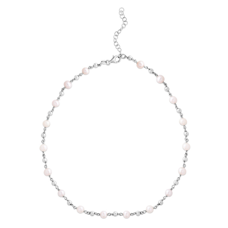 Sterling Silver Rhodium Plated Freshwater Pearl Bead Necklace