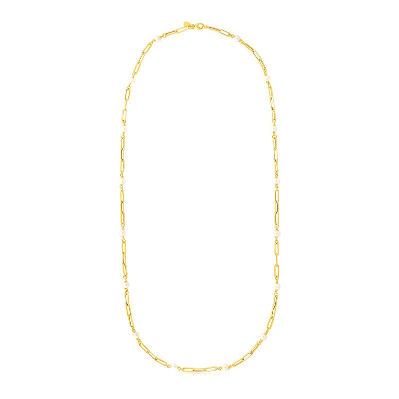 14k Yellow Gold Paperclip Chain and Pearl Necklace