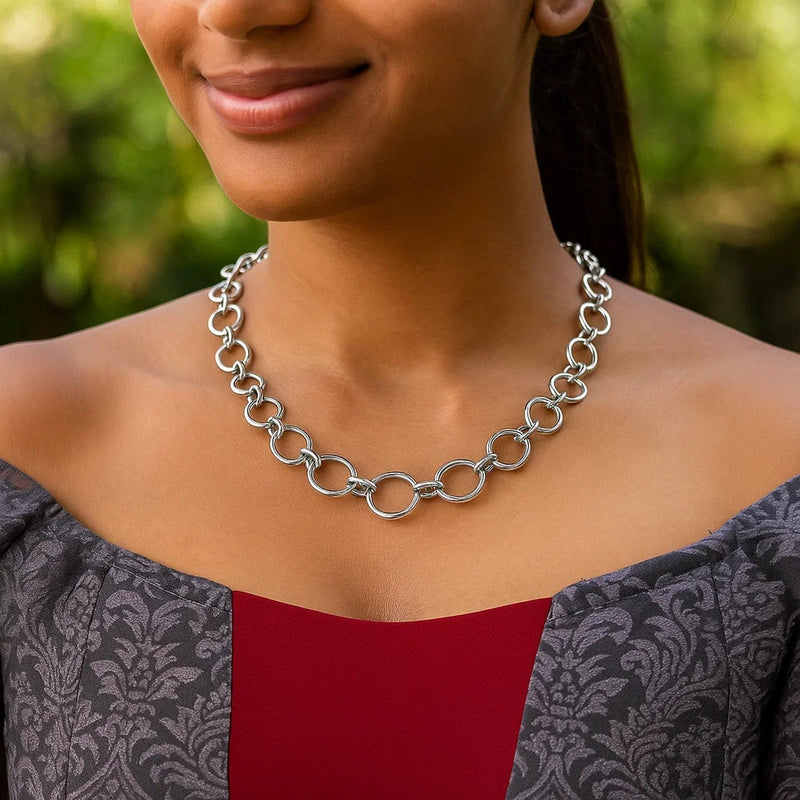 Sterling Silver Rhodium Plated Round Link Necklace